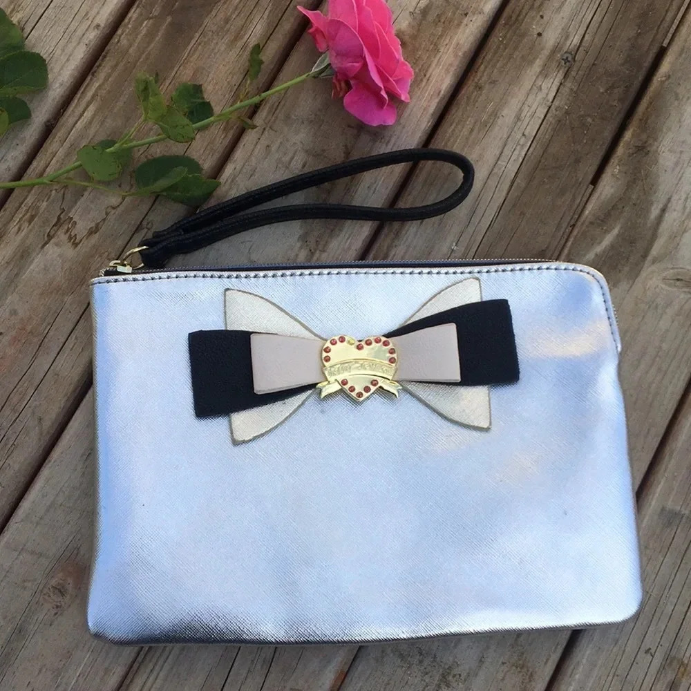 NEW Betsey Johnson Metallic Silver Bow Wristlet